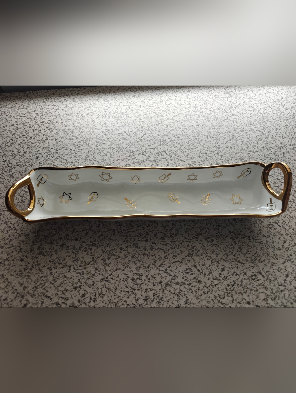 Golden Handles Cracker Tray Porcelain Judaica Chai 14x3x2 White Trinkets